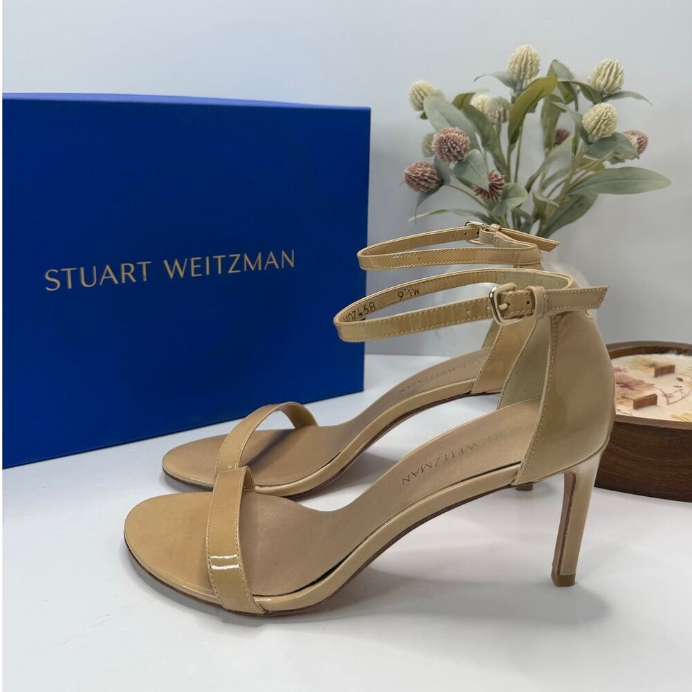 Stuart Weitzman Nudist II 75 Patent Leather Sandal Beige Women 9.5 Wide